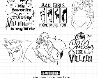 3565 - Pacchetto DTF dei cattivi Disney in formato SVG, EPS, PNG, DXF, Jpeg (Crudelia De Mon - Ursula - Regina cattiva - Ade - Malefica - citazione)