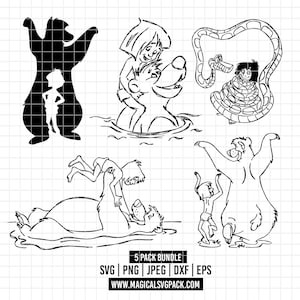 May include: Black and white illustrations of characters from The Jungle Book. The images include a bear, a boy, and a snake. The text "5 PACK BUNDLE" and file type options are at the bottom, along with a website address.
