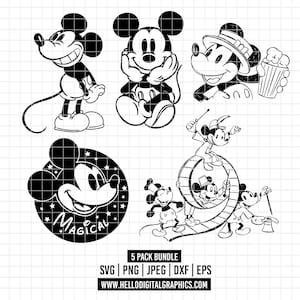 Puede incluir: Una colección de cinco ilustraciones en blanco y negro de Mickey Mouse en varias poses. Una imagen presenta la palabra "MAGICAL". El paquete incluye archivos SVG, PNG, JPEG, DXF y EPS. Sitio web: HELLODIGITALGRAPHICS.COM.