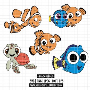 May include: A collection of cartoon fish and a turtle in various poses. The fish are orange and white, and blue and yellow. The turtle is green and brown. The image includes the text "5 PACK BUNDLE" and file type options.