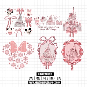 Może przedstawiać: Zestaw różowych grafik cyfrowych z Myszka Minnie, kokardkami, zamkami i innymi elementami tematycznymi. Zawiera frazę "These are a few of my favorite things". Pakiet zawiera pliki SVG, PNG, JPEG, DXF i EPS.