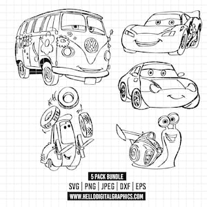 May include: Black and white line art of five cartoon vehicles. Includes a VW bus with flower details, race cars, and a car with flying tires. The text "5 PACK BUNDLE" and website address are at the bottom.
