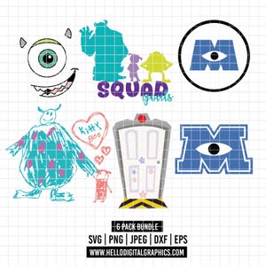3369 - Monster inc dtf full color pack bundle Svg, Eps, Png, Dxf, Jpeg (face Mike - Boo&#39;s drawing - The door - logo circle - logo)
