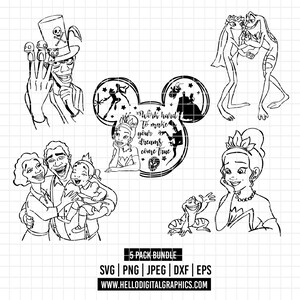 3541 - The princess and the frog pack bundle line art Svg, Eps, Png, Dxf, Jpeg (Tiana and Naveen - silhouettes - Dr. Facilier - Family)