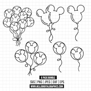 May include: Black and white line art of Mickey Mouse-shaped balloons. The image includes several individual balloons and bunches of balloons tied together with ribbons. Text at the bottom reads "6 PACK BUNDLE" and lists file types.