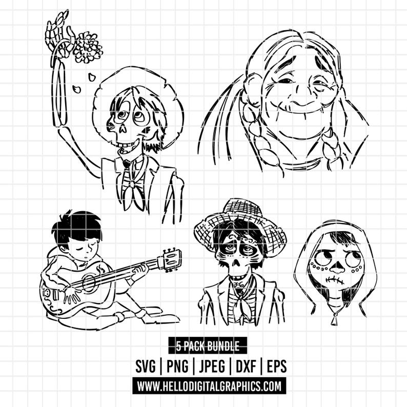 Puede incluir: Conjunto de arte lineal en blanco y negro con personajes de la pel&iacute;cula animada "Coco". Las ilustraciones incluyen figuras esquel&eacute;ticas de un hombre sosteniendo flores, una anciana, un ni&ntilde;o tocando la guitarra y otros dos personajes. Se incluye el texto "5 PACK BUNDLE".