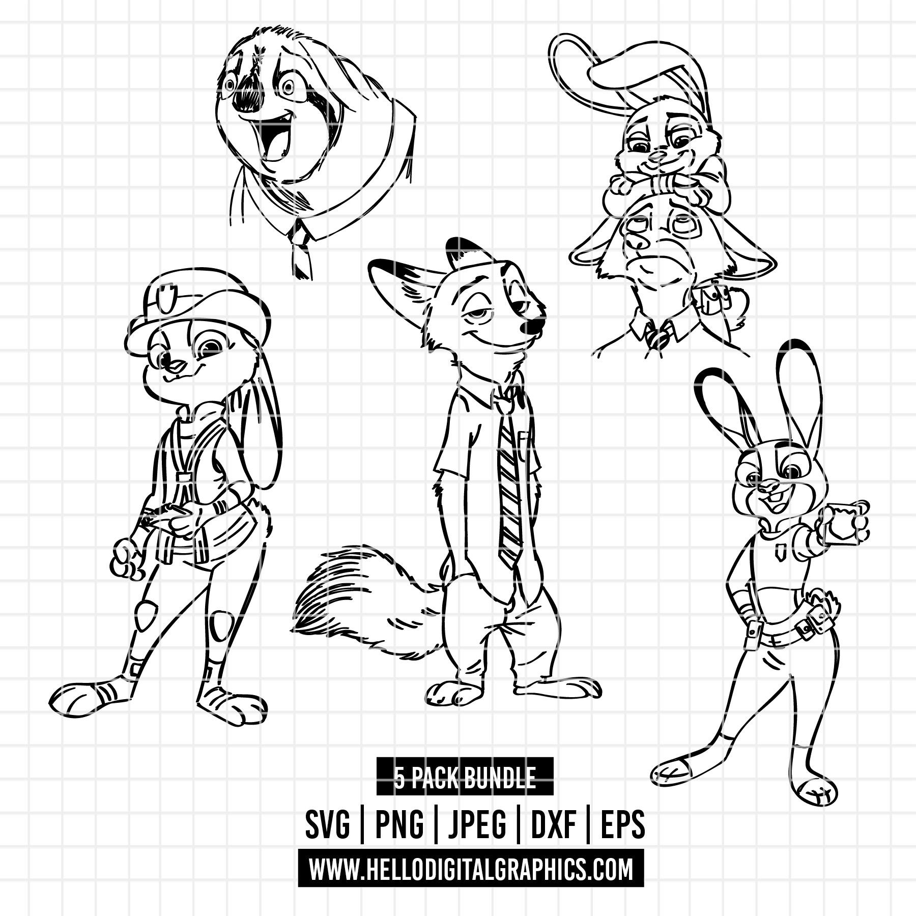 3560 - ズートピア ラインアート パック バンドル SVG、Eps、Png、DXF