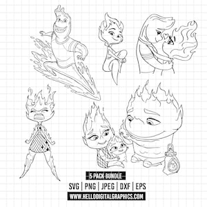 2184 - Elemental pack bundle line art Svg, Eps, Png, Dxf, Jpeg (Angry Ember - fire family - Wade - Ember and wade's love)