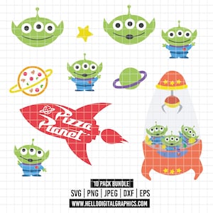1956 - Ensemble d'icônes classiques de Toy Story SVG, EPS, PNG - Ensemble de cliparts Toy Story pizza planet pack. Les extraterrestres de Disney dans une histoire de jouets.