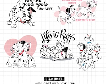 May include: A collection of Dalmatian-themed graphics. The images feature black and white spotted puppies in various poses, with phrases like "Look for the good spots in life" and "Life is Ruff". The designs include pink heart and flower accents.