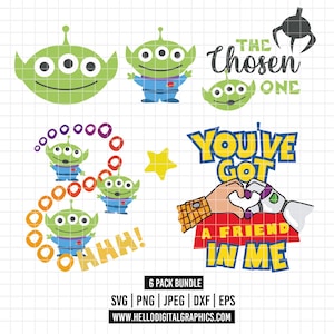 2606 - Pacchetto DTF Toy Story Aliens a colori Svg, Eps, Png, Dxf, Jpeg (alieno - Testa di alieno - Stella - Cuore di Woody e Buzz - L'artiglio)