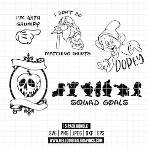 3534 - The seven dwarfs pack bundle Svg, Eps, Png, Dxf, Jepg (Dopey - Grumpy - Quotes - Haunted apple - Squad goals)