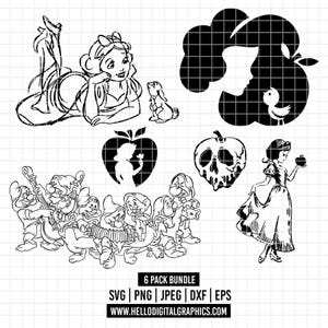 2521 - Pack d'icônes Blanche-Neige Svg, Eps, Png, Dxf, Jepg (pomme hantée - sept nains - oiseau - silhouette)
