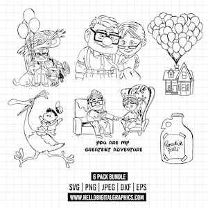 May include: A collection of black and white line art illustrations featuring characters and scenes from a popular animated film. The images include a house lifted by balloons, characters embracing, and text that reads "YOU ARE MY GREATEST ADVENTURE."