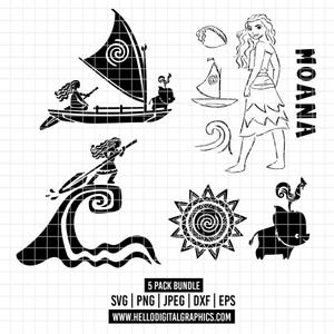 Op de afbeelding: Zwart-wit digitale illustraties met personages en elementen uit de animatiefilm Moana. Bevat een zeilboot, een personage met lang golvend haar, een varken, een haan, een zon en het woord "Moana".