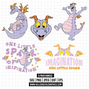 Op de afbeelding: Een verzameling van vijf digitale afbeeldingen met een paars drakenpersonage met oranje vleugels en hoorns. De afbeeldingen bevatten volledige lichaamshoudingen, een close-up en tekst met de tekst "One Little Spark of Inspiration" en "Imagination One Little Spark."