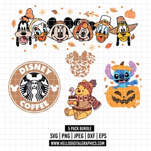 Puede incluir: Una colección de gráficos de Disney con temática otoñal. Incluye caras de personajes como Mickey y Donald Duck, un Winnie the Pooh con una taza de café y Stitch en una calabaza. También presenta un logotipo de Disney Coffee y hojas de otoño.