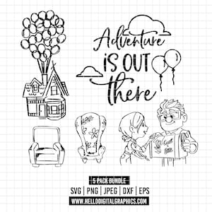 3549 - Up, Adventure Is Out There line art pack bundle Svg, Eps, Png, Dxf, Jpeg (up house&#39;s - carl and ellie - quotes - iconic armchairs)