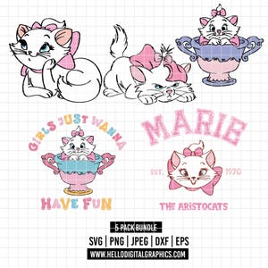 Op de afbeelding: Een verzameling illustraties van Marie de kat in verschillende poses, met roze strikken en accenten. Sommige ontwerpen bevatten de tekst: "Girls Just Wanna Have Fun", "Marie" en "The Aristocats". De afbeelding bevat ook bestandsinfo.