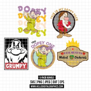 3531 - The seven dwarfs dtf pack bundle Svg, Eps, Png, Dxf, Jepg (Dopey - Grumpy - Quotes - Evil queen icons)
