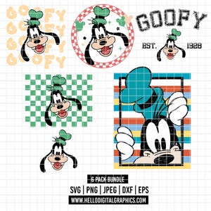 May include: A collection of Goofy character designs in various styles. Includes images of Goofy's face, a checkered background, and the word "GOOFY" with "EST. 1928". The images are in a variety of formats, including SVG, PNG, JPEG, DXF, and EPS.