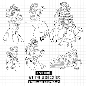 May include: Black and white line art of a princess with books and other characters. The image includes the text "6 PACK BUNDLE" and file type options. The website address is also included.