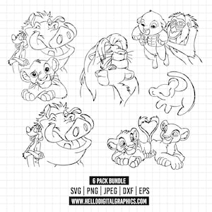 May include: A black and white line drawing featuring characters from a well-known animated film. The image includes Simba, Timon, Pumbaa, and other characters. The text "6 PACK BUNDLE" is at the bottom, along with file type options and a website address.