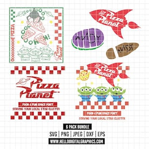 2754 - Toy story icons pack bundle dtf full color Svg, Eps, Png, Dxf, Jpeg (pizza planet logos - spaceship - Andy&#39;s footprint - aliens)