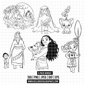 Könnte beinhalten: Schwarz-Weiß-Linienkunst-Bundle mit sechs Illustrationen von Charakteren aus einem beliebten Animationsfilm. Die Bilder zeigen eine Frau mit langen Haaren, ein Schwein, einen Hahn und ein junges Mädchen mit einem Stab. Der Text unten lautet "6 PACK BUNDLE".