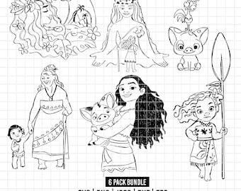 2536 - Moana pack bundle line art Svg, Png, Eps, Dxf, Jpeg (Pua - heihei - piccola moana - tala - Te fiti)