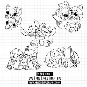 Op de afbeelding: Zwart-wit lijntekeningen van het personage Stitch uit de Disney-film Lilo & Stitch. De afbeeldingen tonen Stitch in verschillende poses, waaronder knuffelen en om een hoekje kijken. De tekst "5 PACK BUNDLE" is inbegrepen.