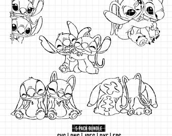 2380 - Stitch & Angel Line Art Pack Bundle SVG, Eps, Png, Dxf, Jpeg (Spionieren - umarmen - posieren)