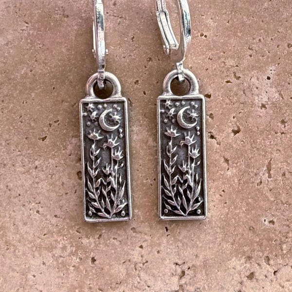 Small Silver Plant Moon Dangle Huggie Earrings: Boho Celestial Jewelry