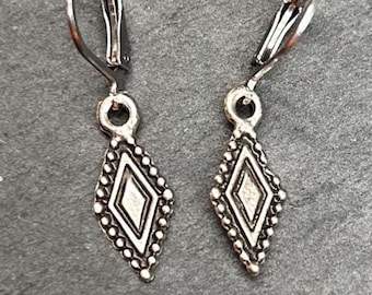 Minimalist boho diamond silver dangle leverback earrings -lightweight bohemian everyday small