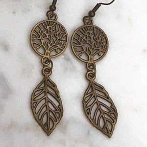 Bronze tree and leaf long dangle earring-lightweight hippie boho bohemian nature forest botanical