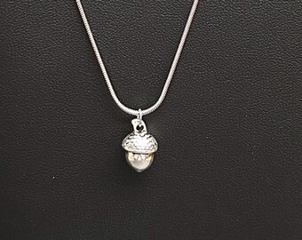 Silver Acorn Pendant Necklace - Stainless Steel Snake Chain