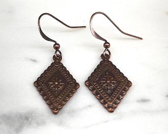 Small ethnic floral shield diamond shaped antique copper earrings - lightweight, summer, boho, bohemian, gardener, rustic,