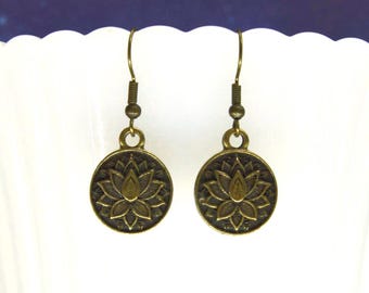 Bronze Lotus Flower Dangle Earrings: Boho Yoga Jewelry