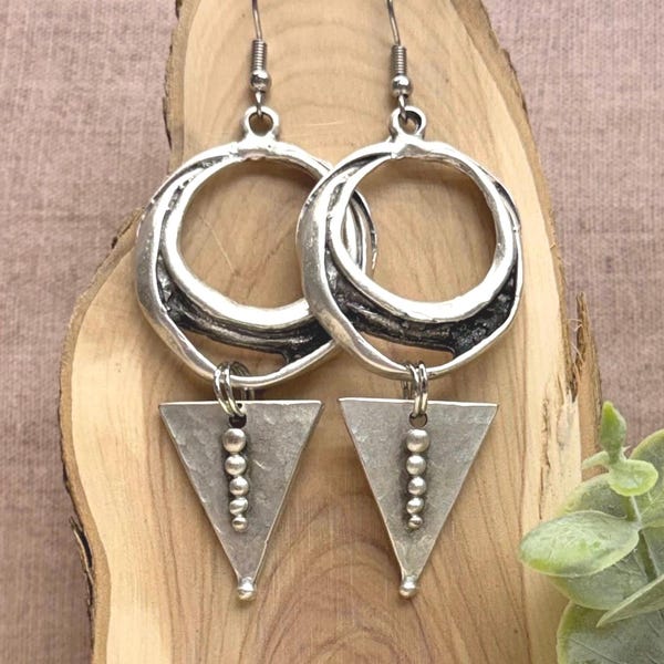 Large silver boho circle and ethnic tribal triangle dangle earrings