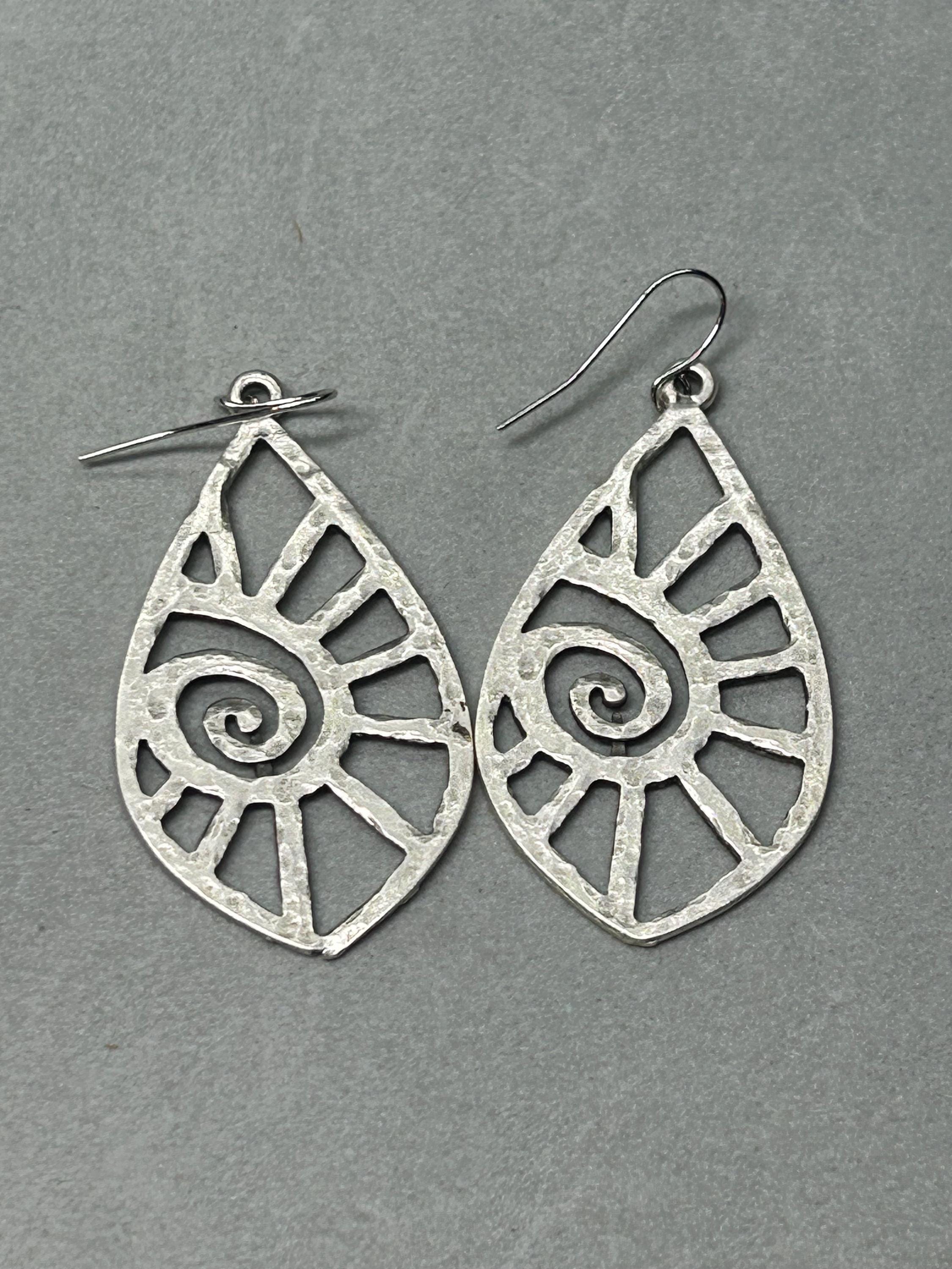 boho Sun spiral ray hammered silver teardrop dangle earring for all beach sun lovers