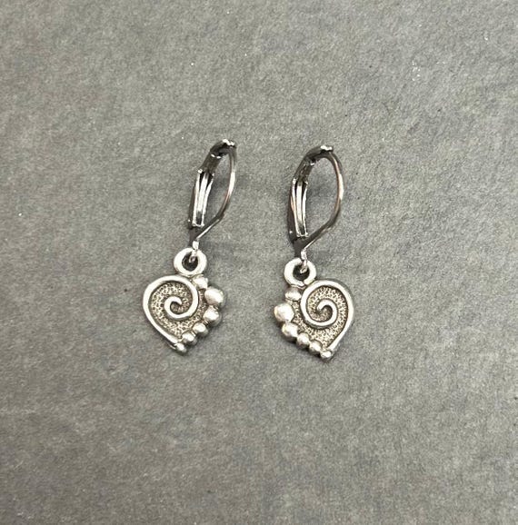 Tiny spiral heart dangle earrings lightweight small everyday boho bohemian leverback love handmade jewelry