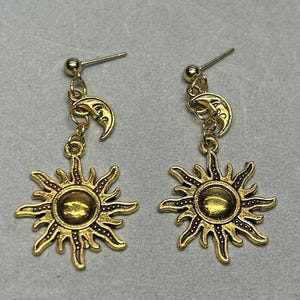 Gold sunburst and tiny crescent moon pendants, dangle earrings, hypoallergenic hooks, celestial, moon, sunburst, gold stud, summer, vacation