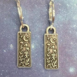 Small Silver Plant Moon Dangle Huggie Earrings: Boho Celestial Jewelry