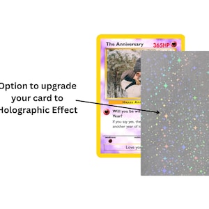 Pode incluir: Um cart&atilde;o personalizado com uma op&ccedil;&atilde;o de efeito hologr&aacute;fico. O cart&atilde;o apresenta uma foto e o texto "The Anniversary" e "365HP". O texto "Option to upgrade your card to Holographic Effect" tamb&eacute;m &eacute; vis&iacute;vel.