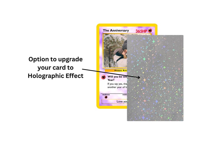 Pode incluir: Um cart&atilde;o personalizado com uma op&ccedil;&atilde;o de efeito hologr&aacute;fico. O cart&atilde;o apresenta uma foto e o texto "The Anniversary" e "365HP". O texto "Option to upgrade your card to Holographic Effect" tamb&eacute;m &eacute; vis&iacute;vel.