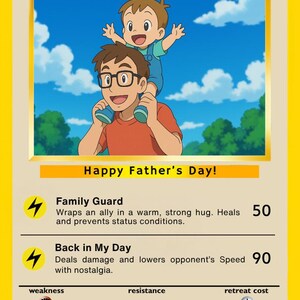 Pode incluir: Um cart&atilde;o de Dia dos Pais com uma ilustra&ccedil;&atilde;o de desenho animado de um pai e uma crian&ccedil;a em um fundo de c&eacute;u azul. O cart&atilde;o diz "Happy Father's Day!" e inclui texto sobre "Family Guard" e "Back in My Day".
