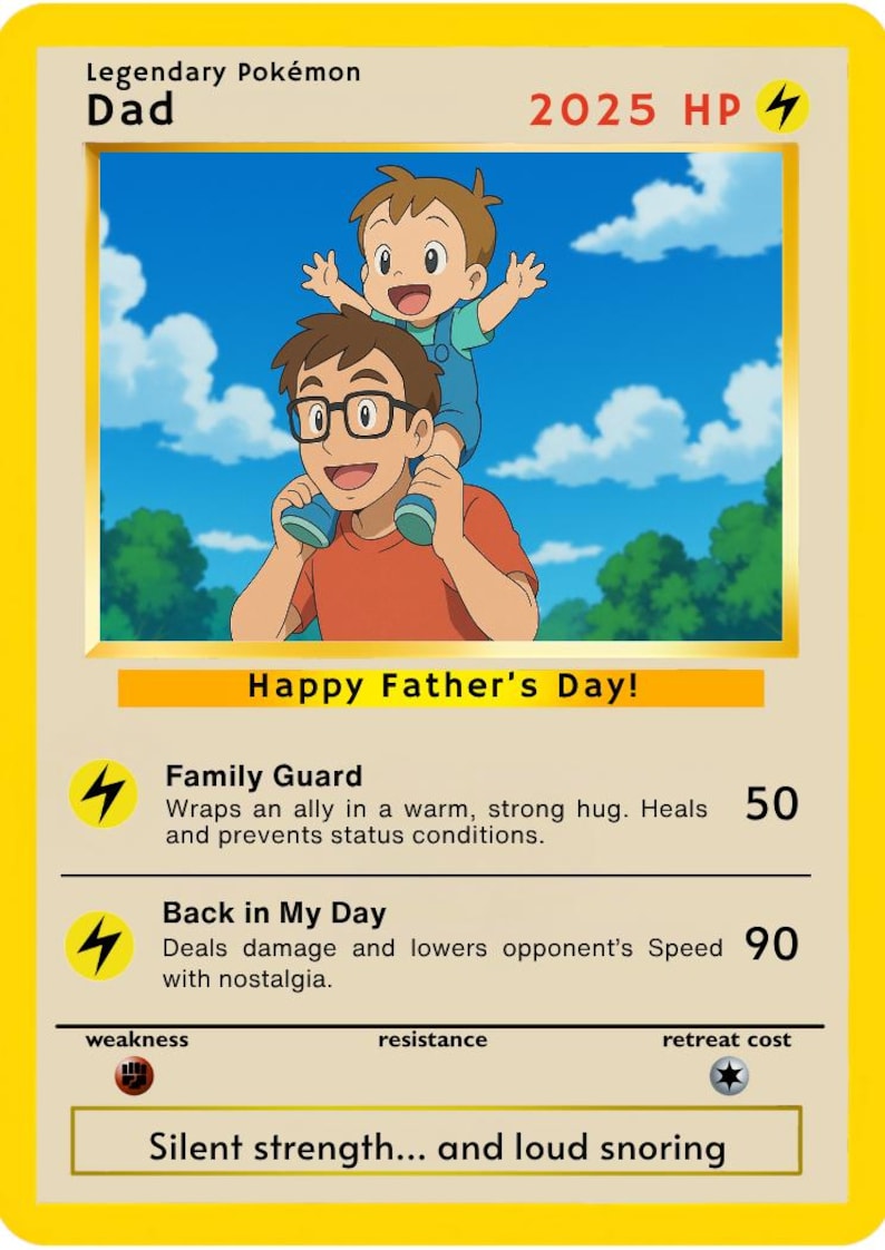 Pode incluir: Um cart&atilde;o de Dia dos Pais com uma ilustra&ccedil;&atilde;o de desenho animado de um pai e uma crian&ccedil;a em um fundo de c&eacute;u azul. O cart&atilde;o diz "Happy Father's Day!" e inclui texto sobre "Family Guard" e "Back in My Day".