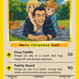 Pode incluir: Um cart&atilde;o Pok&eacute;mon personalizado com o texto "Legendary Pok&eacute;mon Daddy" e uma imagem de um pai abra&ccedil;ando duas crian&ccedil;as. O cart&atilde;o inclui o texto "Merry Christmas Dad!" e "Love Emmy and Isak xxx".