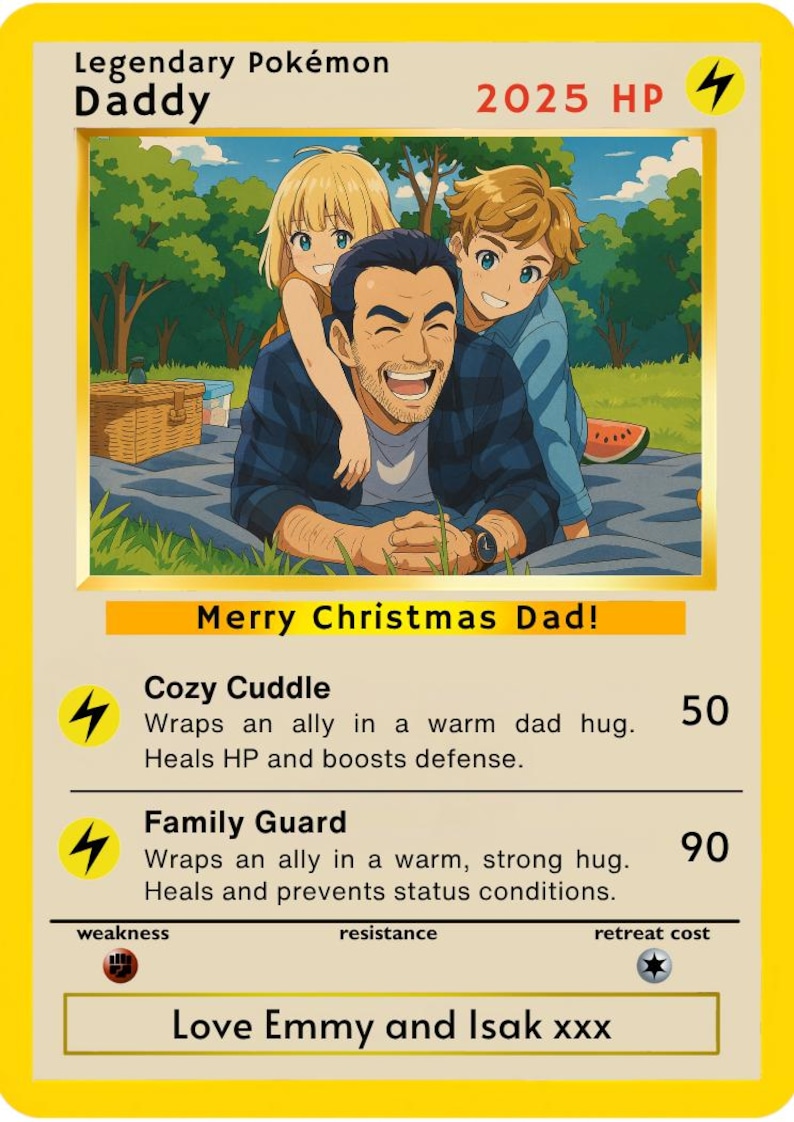 Pode incluir: Um cart&atilde;o Pok&eacute;mon personalizado com o texto "Legendary Pok&eacute;mon Daddy" e uma imagem de um pai abra&ccedil;ando duas crian&ccedil;as. O cart&atilde;o inclui o texto "Merry Christmas Dad!" e "Love Emmy and Isak xxx".