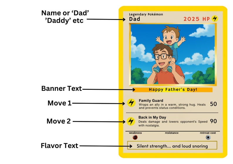 Pode incluir: Carta colecion&aacute;vel amarela com ilustra&ccedil;&atilde;o de pai e filho. A carta diz "Dad" e "Happy Father's Day!" com o texto "Silent strength... and loud snoring." Tema Pok&eacute;mon.